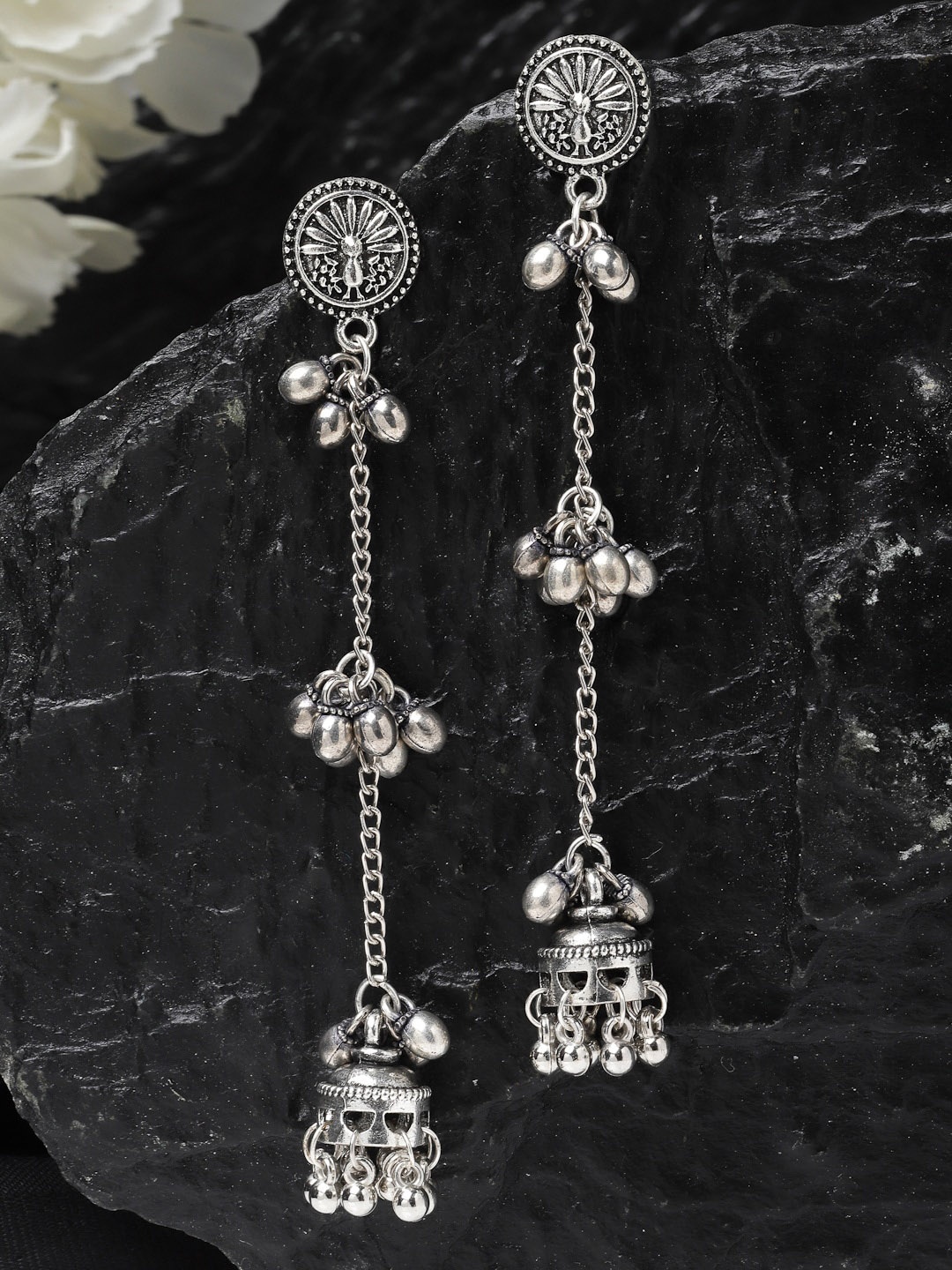 

PANASH Silver-Plated Circular Shaped Oxidised Drop Earrings