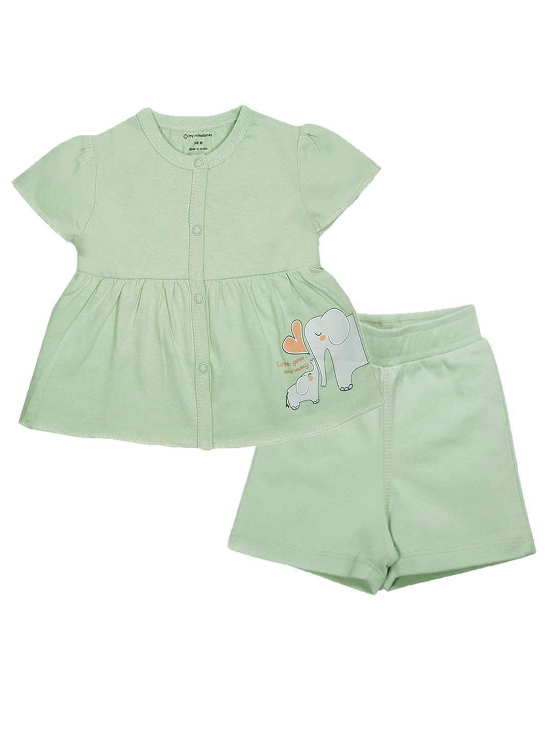 

My Milestones Infant Girls Pure Cotton Round Neck Top with Shorts Clothing Set, Sea green
