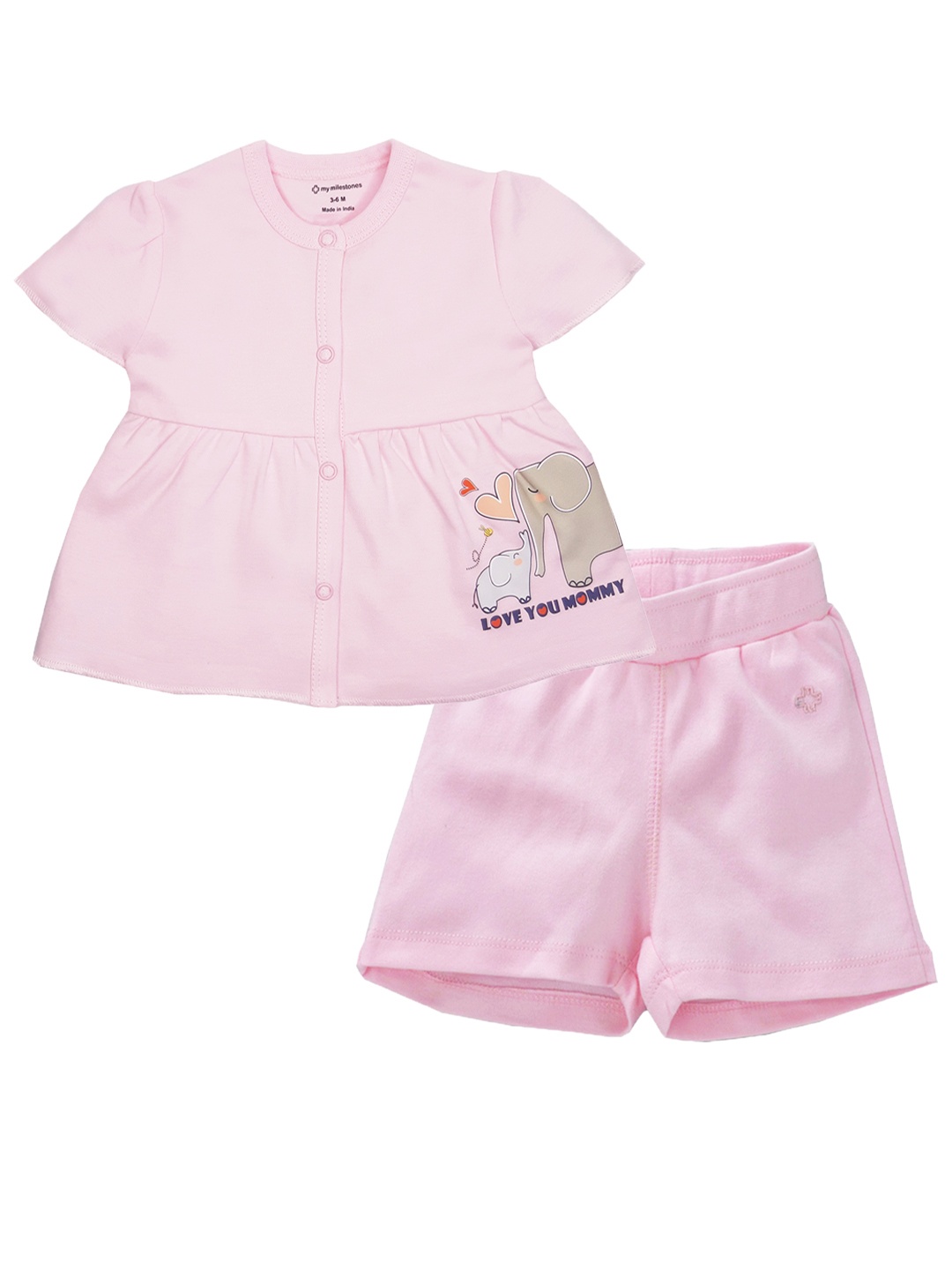 

My Milestones Infant Girls Printed Pure Cotton Top with Shorts, Pink