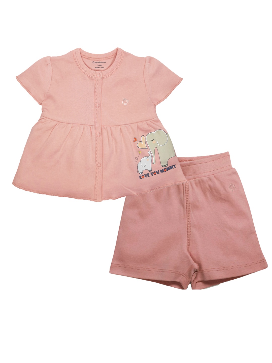 

My Milestones Infant Girls Printed Pure Cotton Top with Shorts, Peach