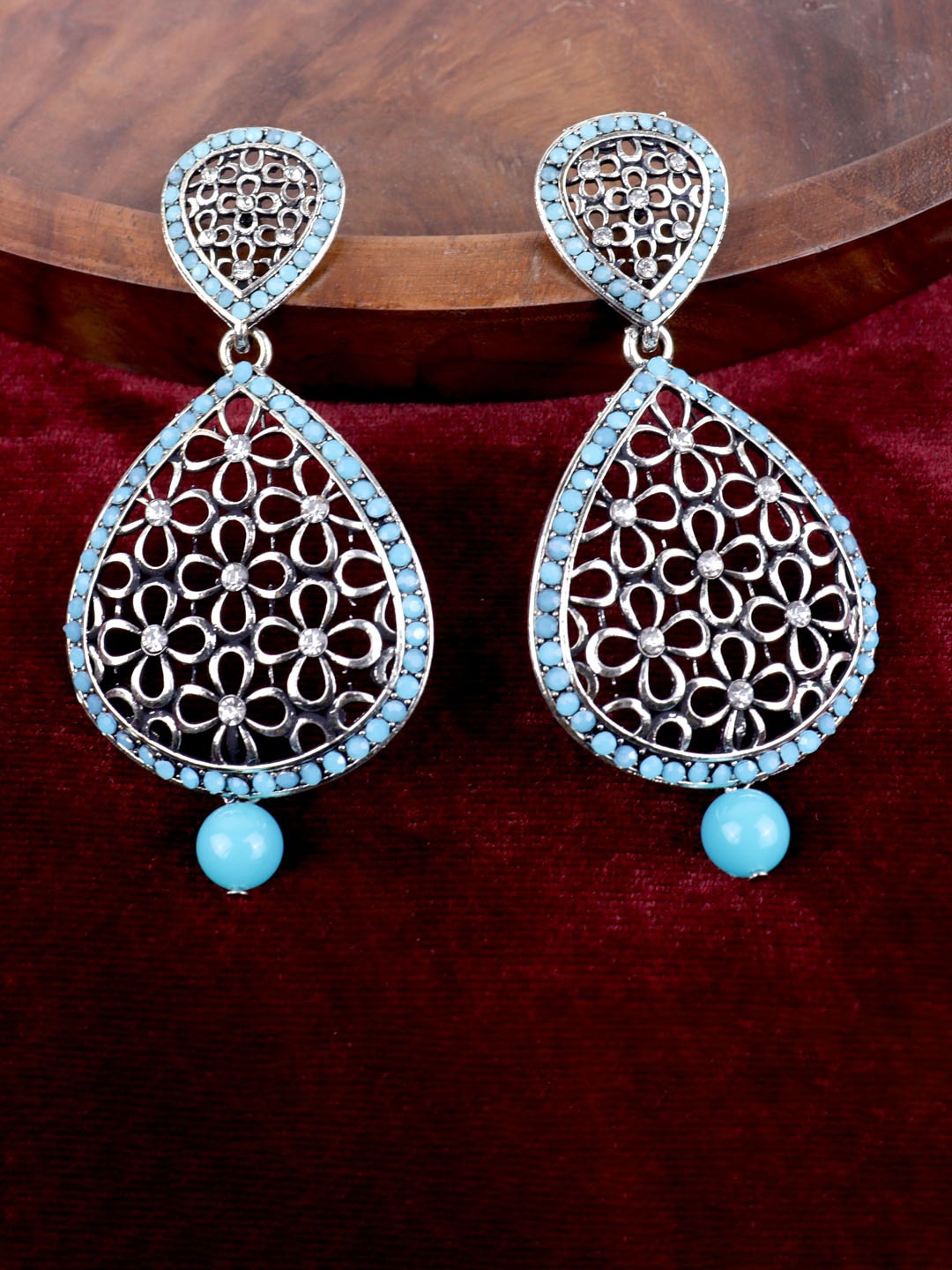 

VAGHBHATT Silver-Plated Oxidized Teardrop Shaped Drop Earrings, Turquoise blue