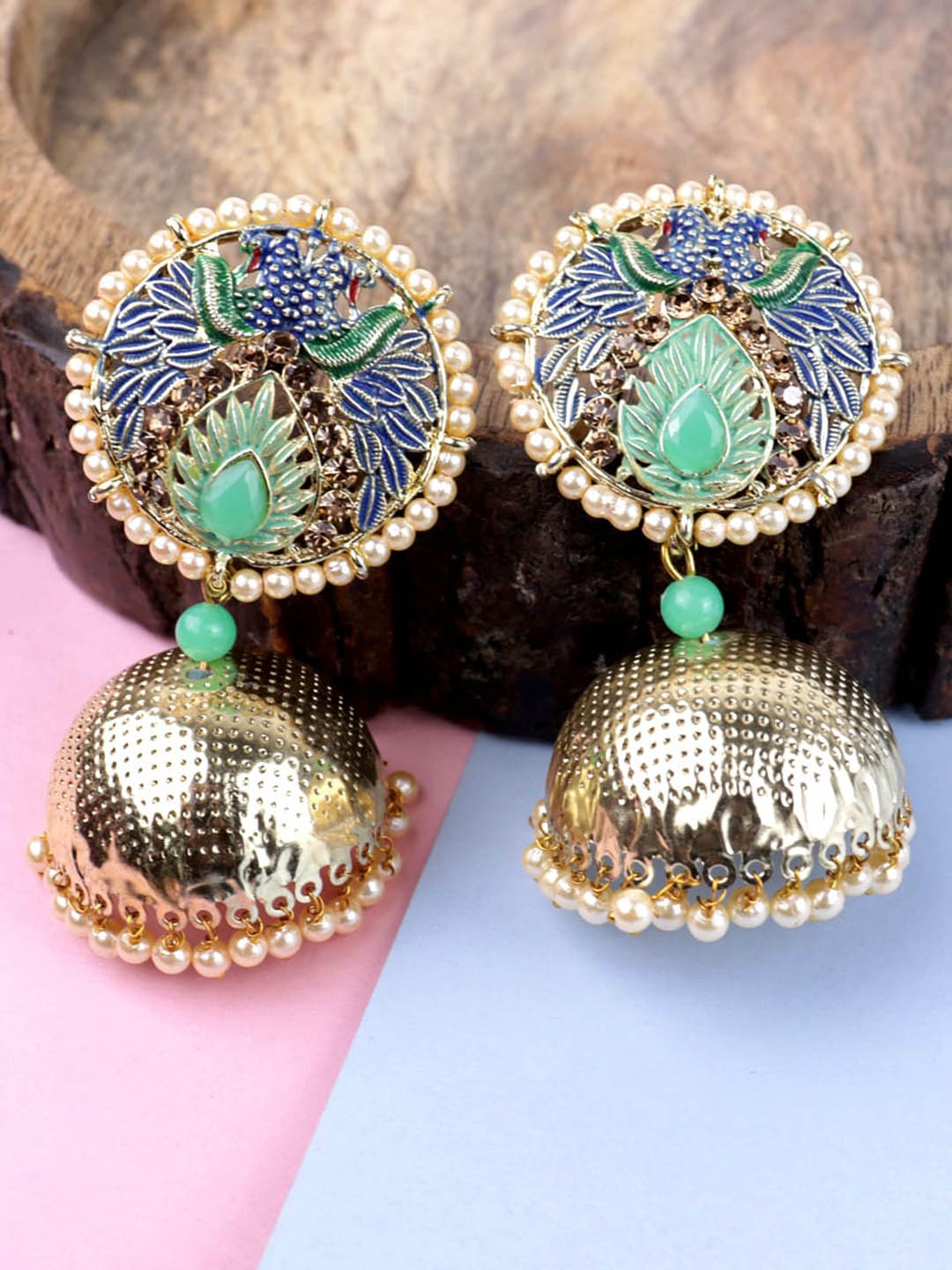 

VAGHBHATT Gold-Plated Dome Shaped Jhumkas, Lime green