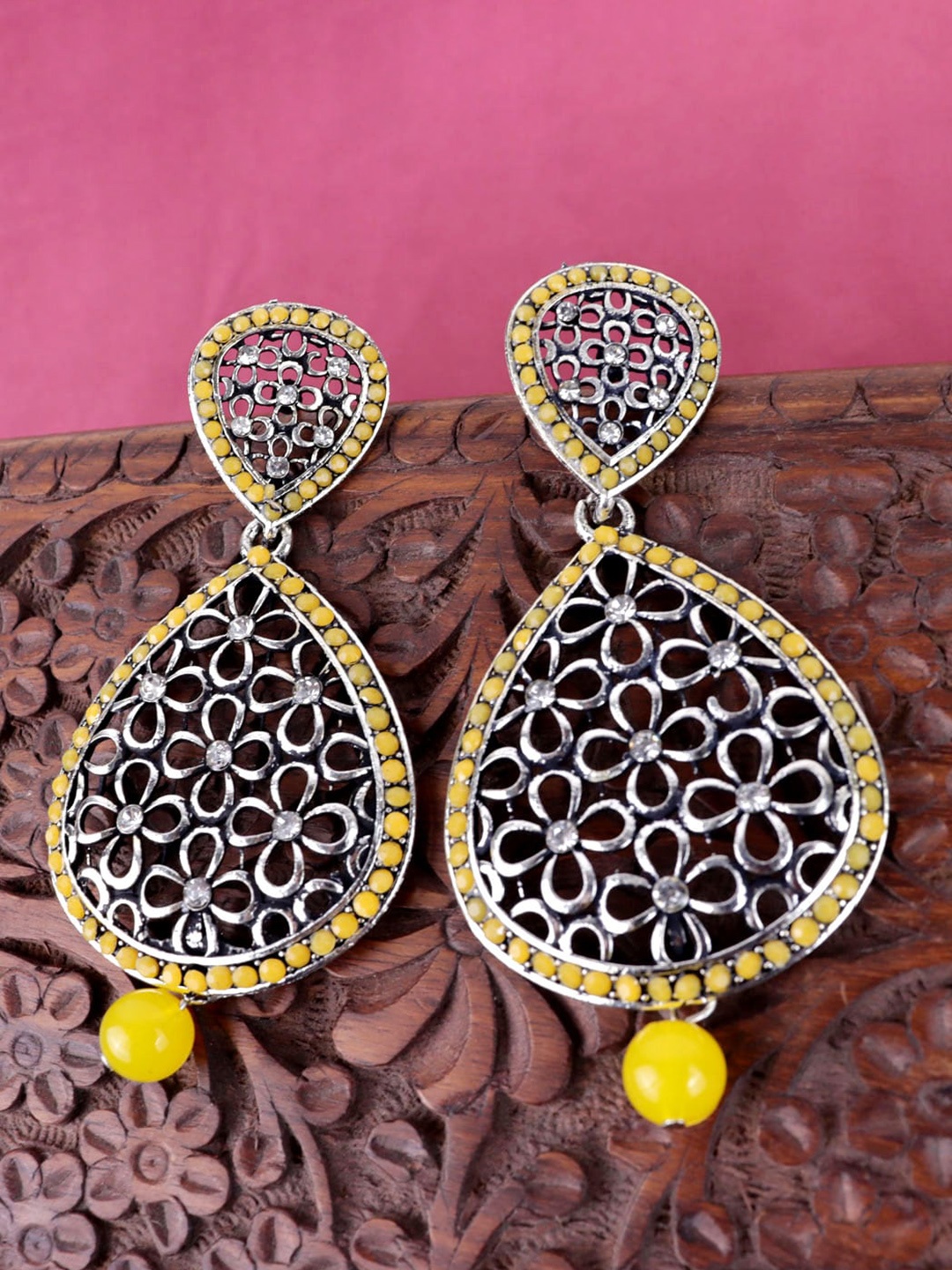 

VAGHBHATT Silver-Plated Teardrop Shaped Drop Earrings, Yellow