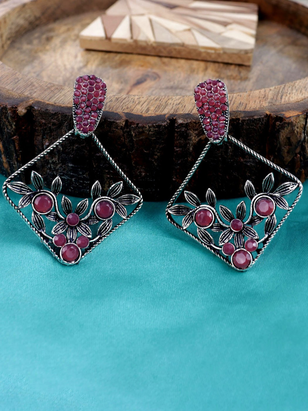

VAGHBHATT Silver Plated Geometric Drop Earrings, Pink