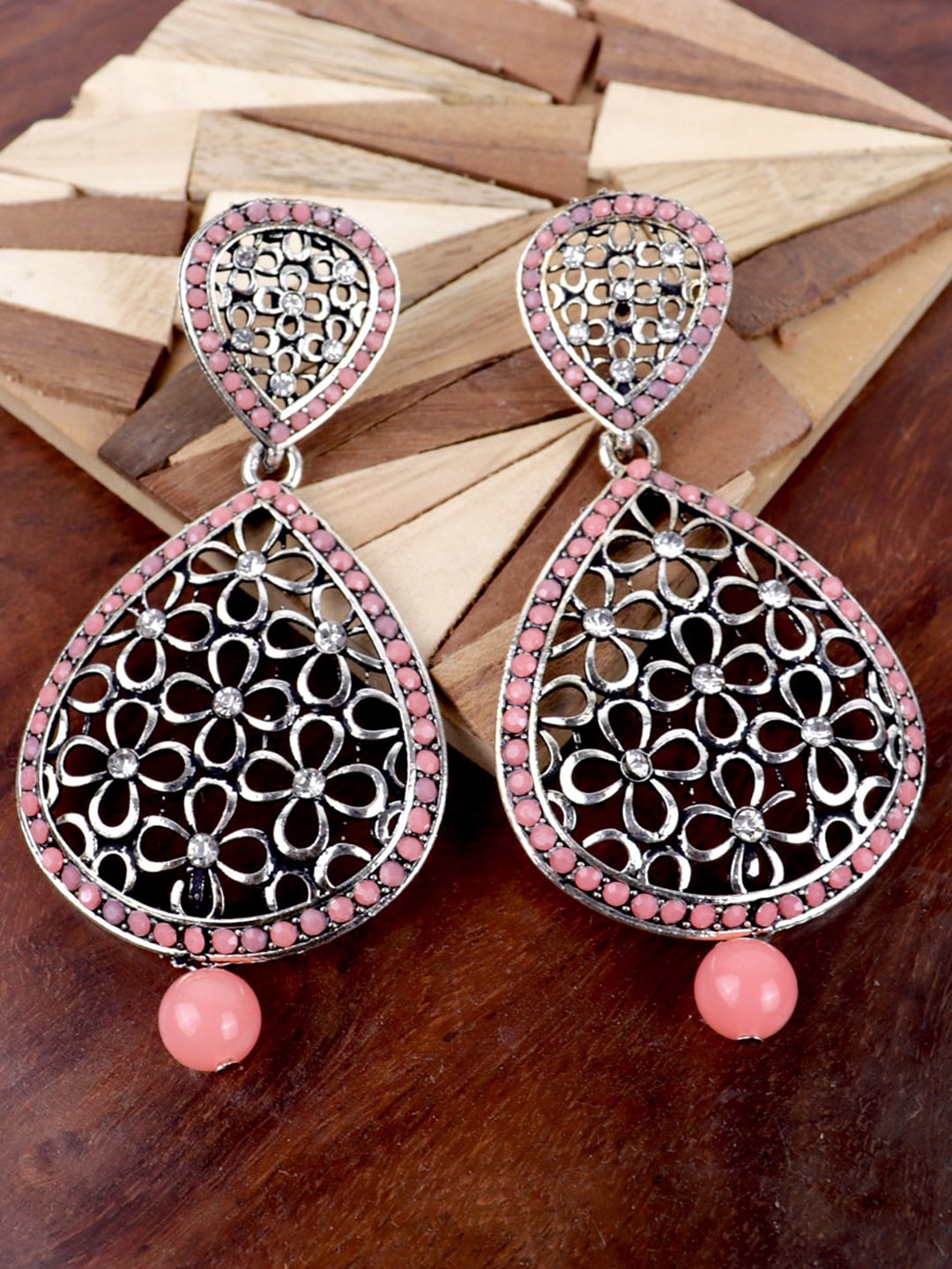 

VAGHBHATT Silver-Plated Oxidized Teardrop Shaped Drop Earrings, Peach