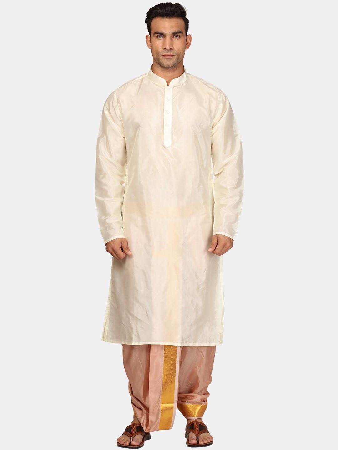 

Sethukrishna Mandarin Collar Straight Zari Kurta With Dhoti Pants, White