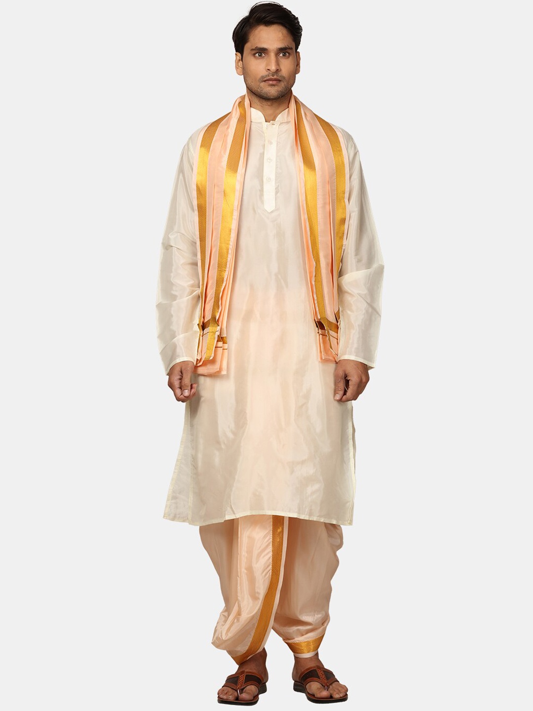 

Sethukrishna Mandarin Collar Straight Kurta Zari With Dhoti Pants & Dupatta, White