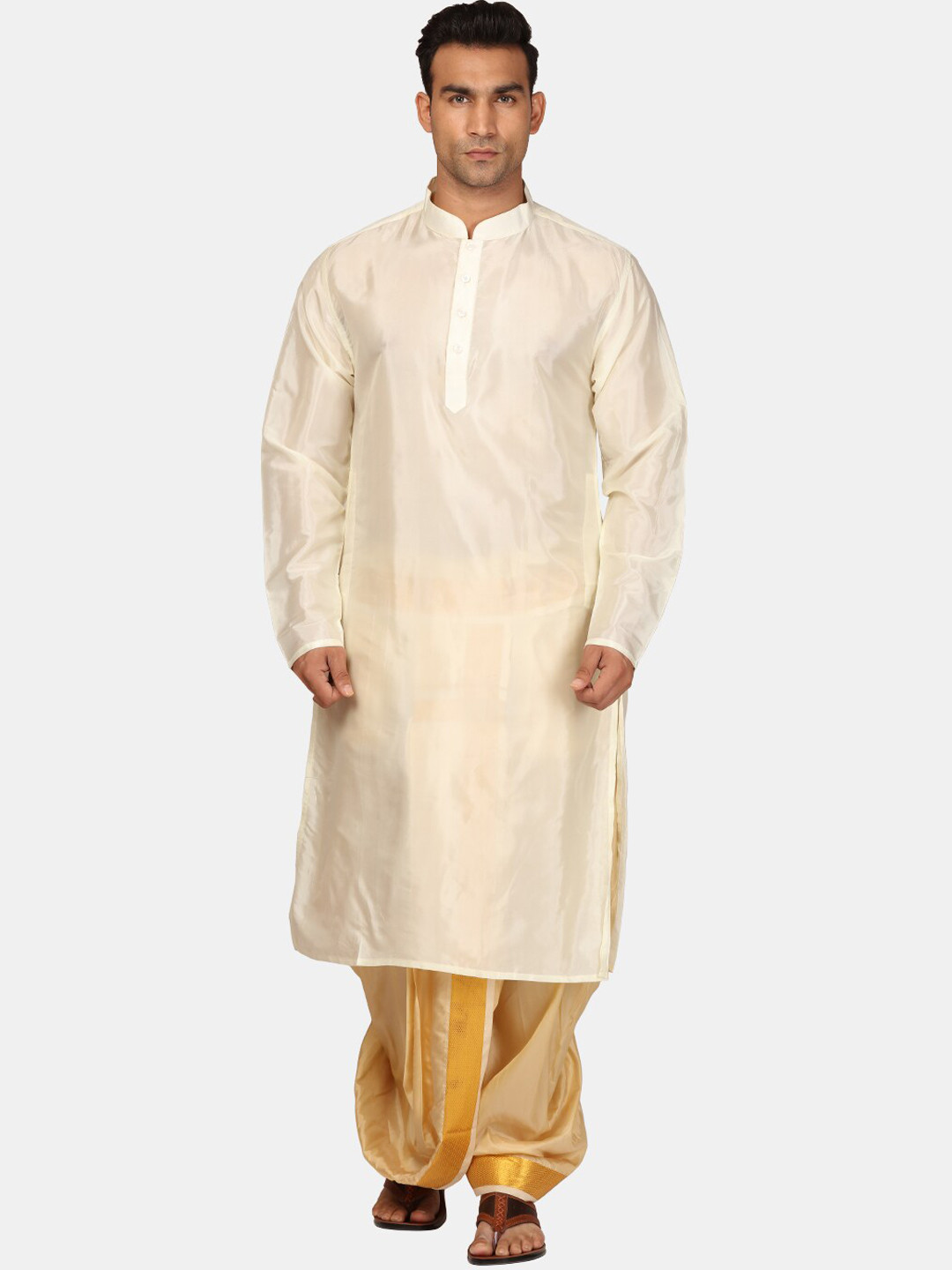 

Sethukrishna Mandarin Collar Straight Zari Kurta With Dhoti Pants & Dupatta, White