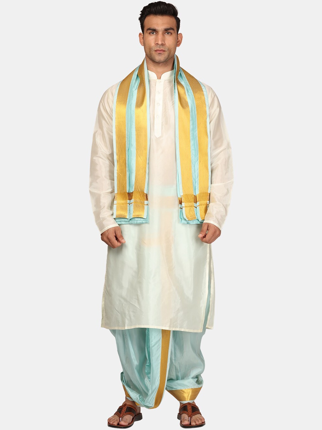 

Sethukrishna Mandarin Collar Straight Zari Kurta With Dhoti Pants & Dupatta, White