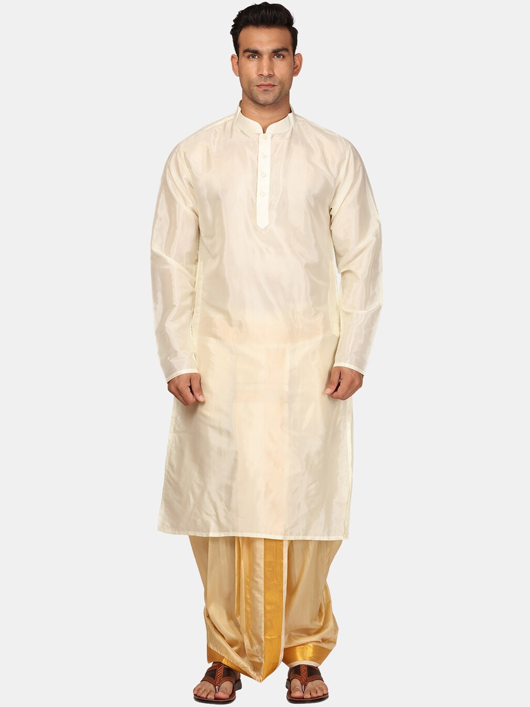 

Sethukrishna Mandarin Collar Zari Straight Kurta With Dhoti Pants, White