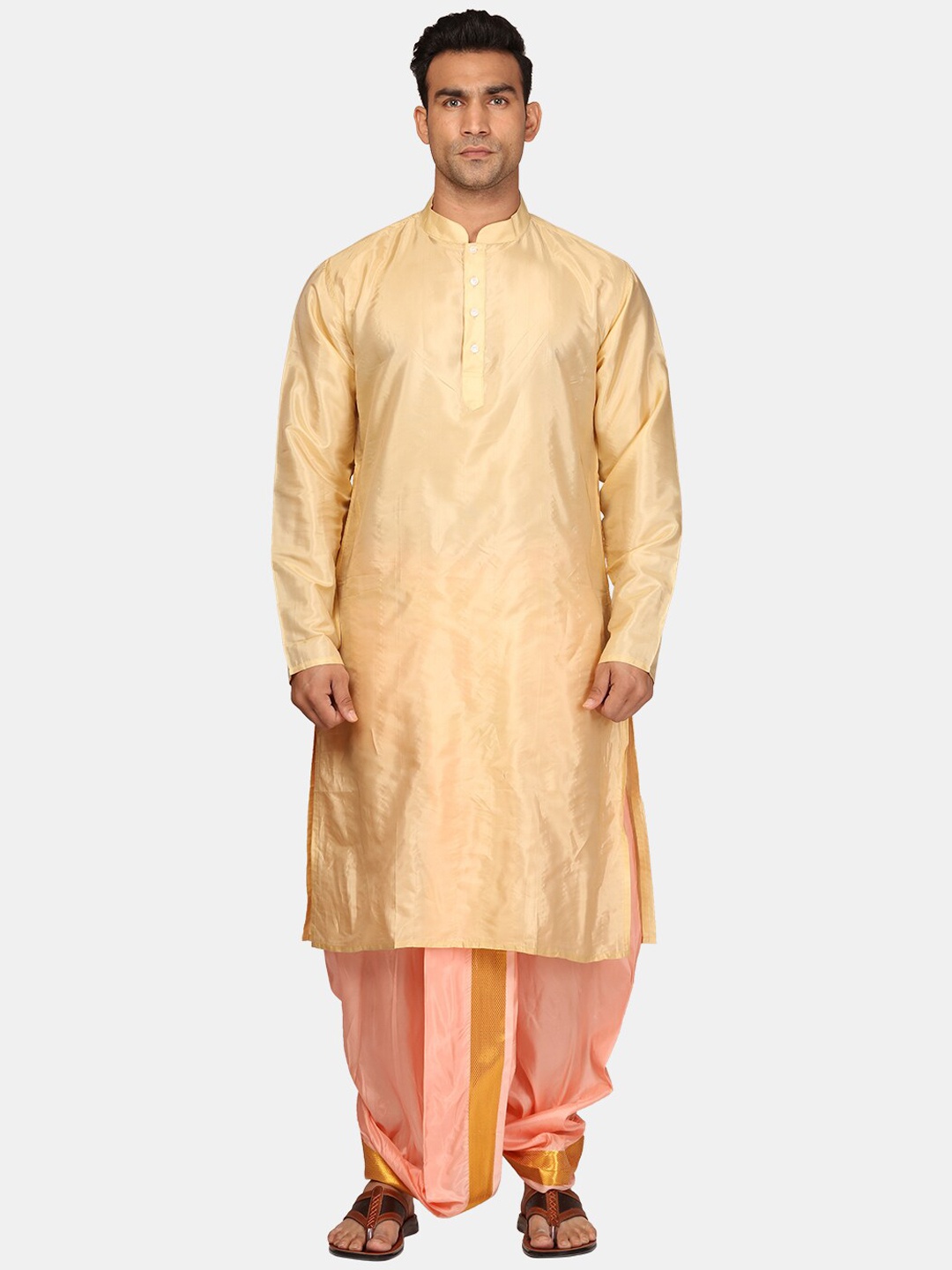 

Sethukrishna Mandarin Collar Zari Straight Kurta With Dhoti Pants, Beige