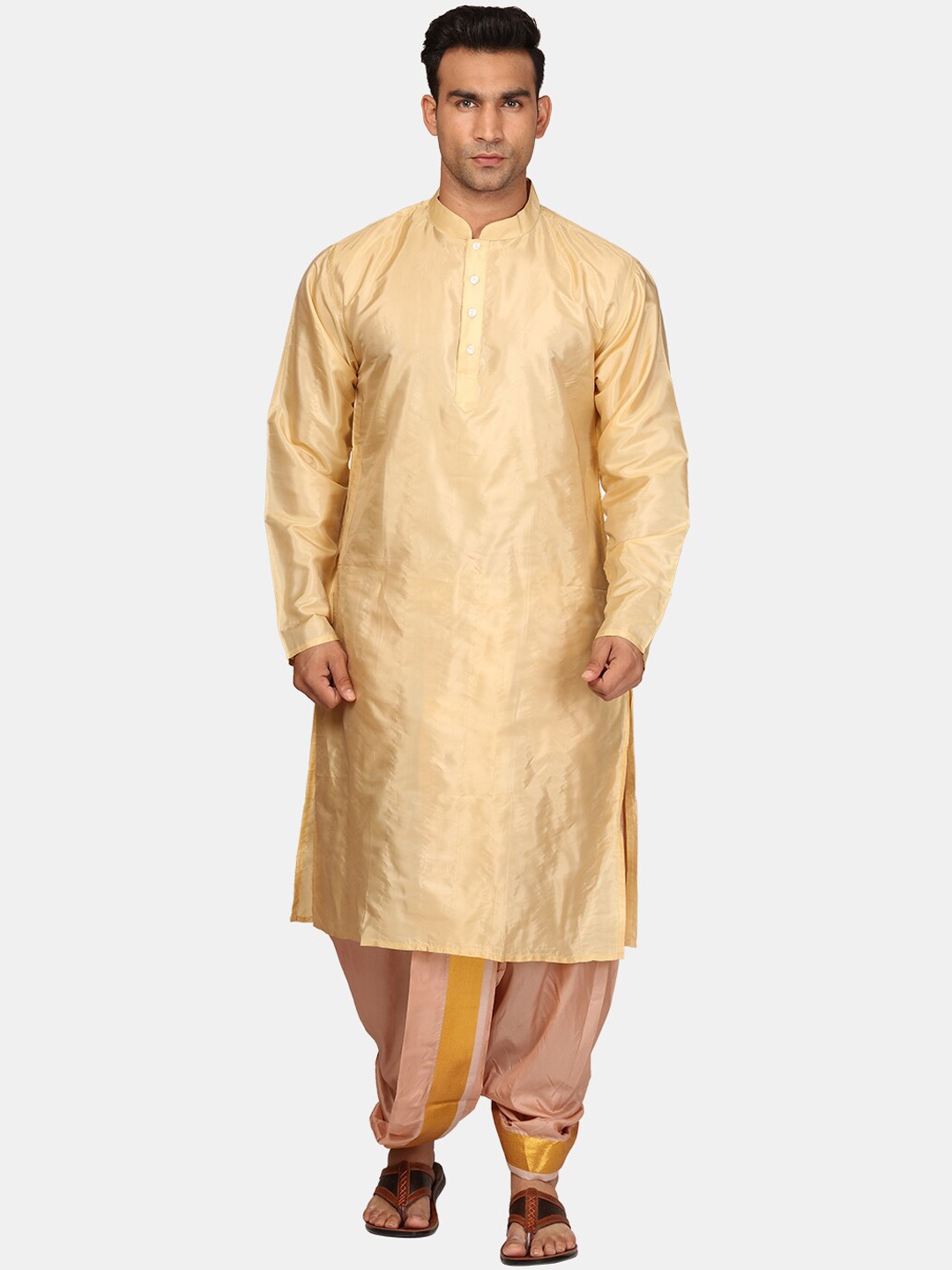 

Sethukrishna Mandarin Collar Straight Zari Kurta With Dhoti Pants & Dupatta, Beige