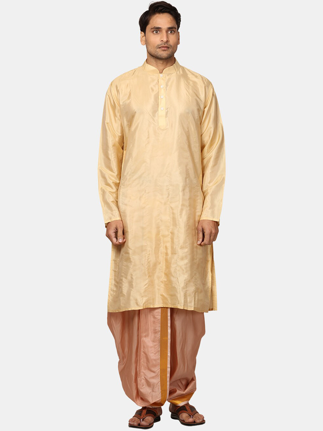 

Sethukrishna Mandarin Collar Zari Straight Kurta With Dhoti Pants, Beige