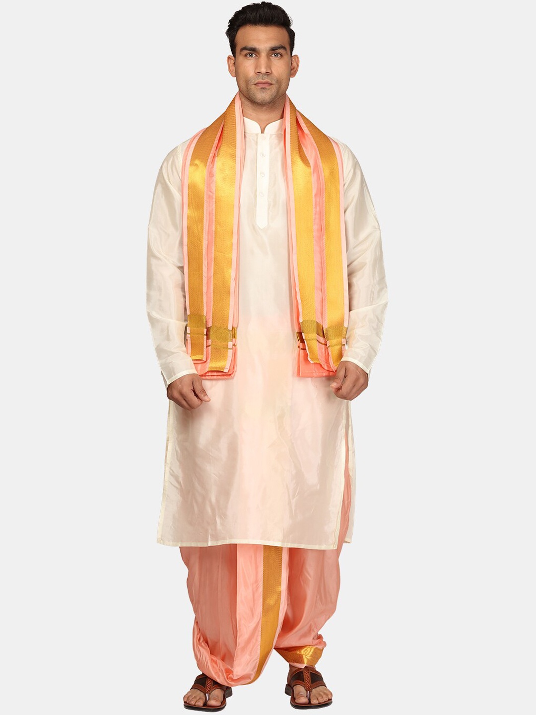 

Sethukrishna Mandarin Collar Straight Zari Kurta with Dhoti Pants & Dupatta, Cream