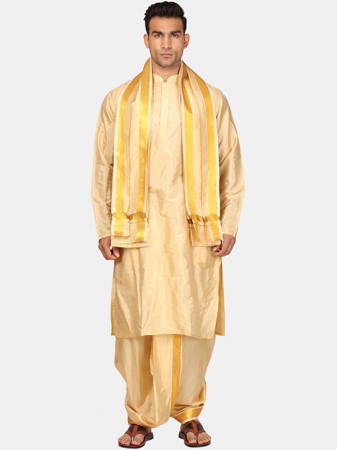 

Sethukrishna Mandarin Collar Straight Zari Kurta with Dhoti Pants & Dupatta, Beige