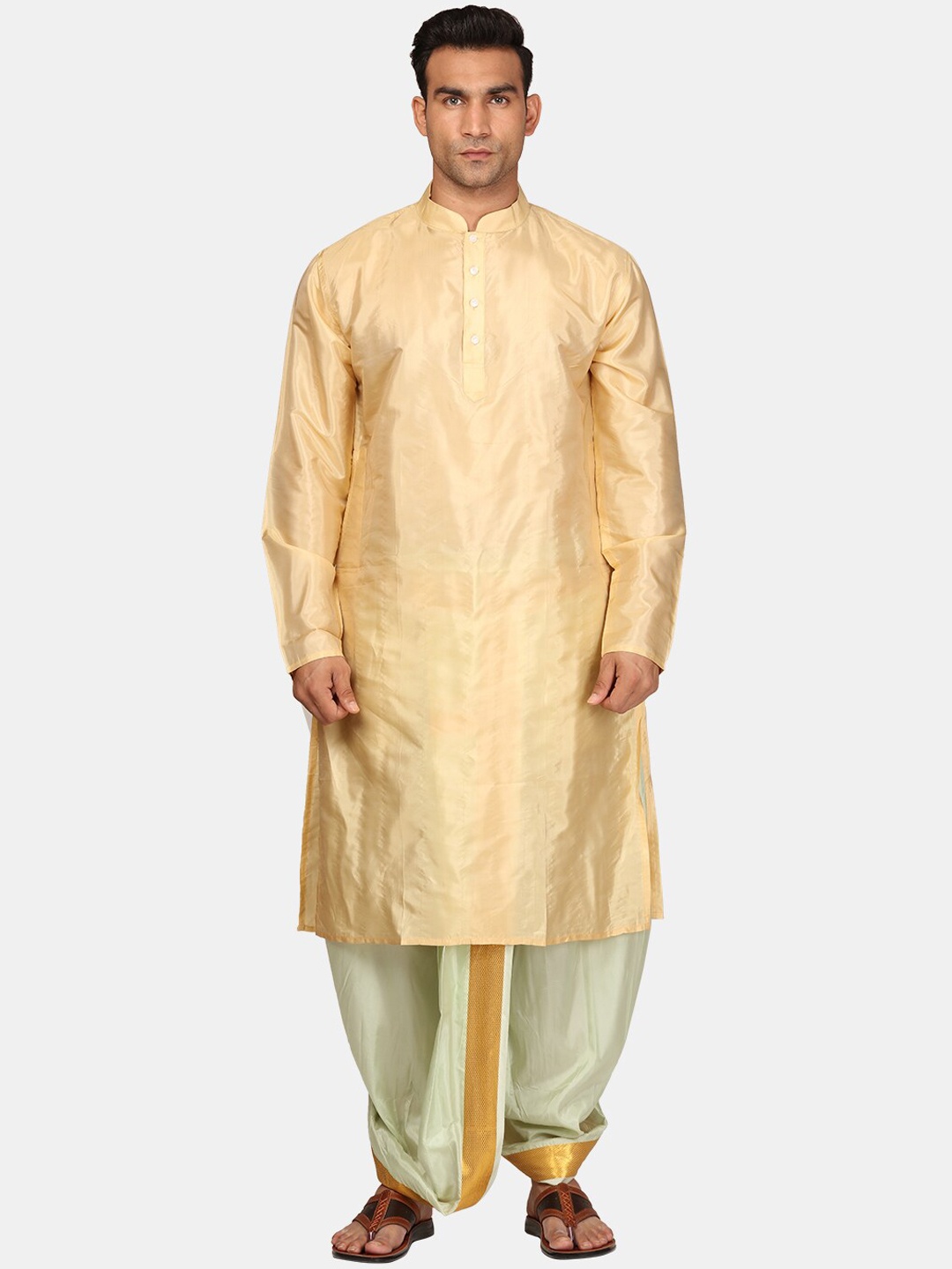 

Sethukrishna Mandarin Collar Straight Kurta with Dhoti Pants, Beige