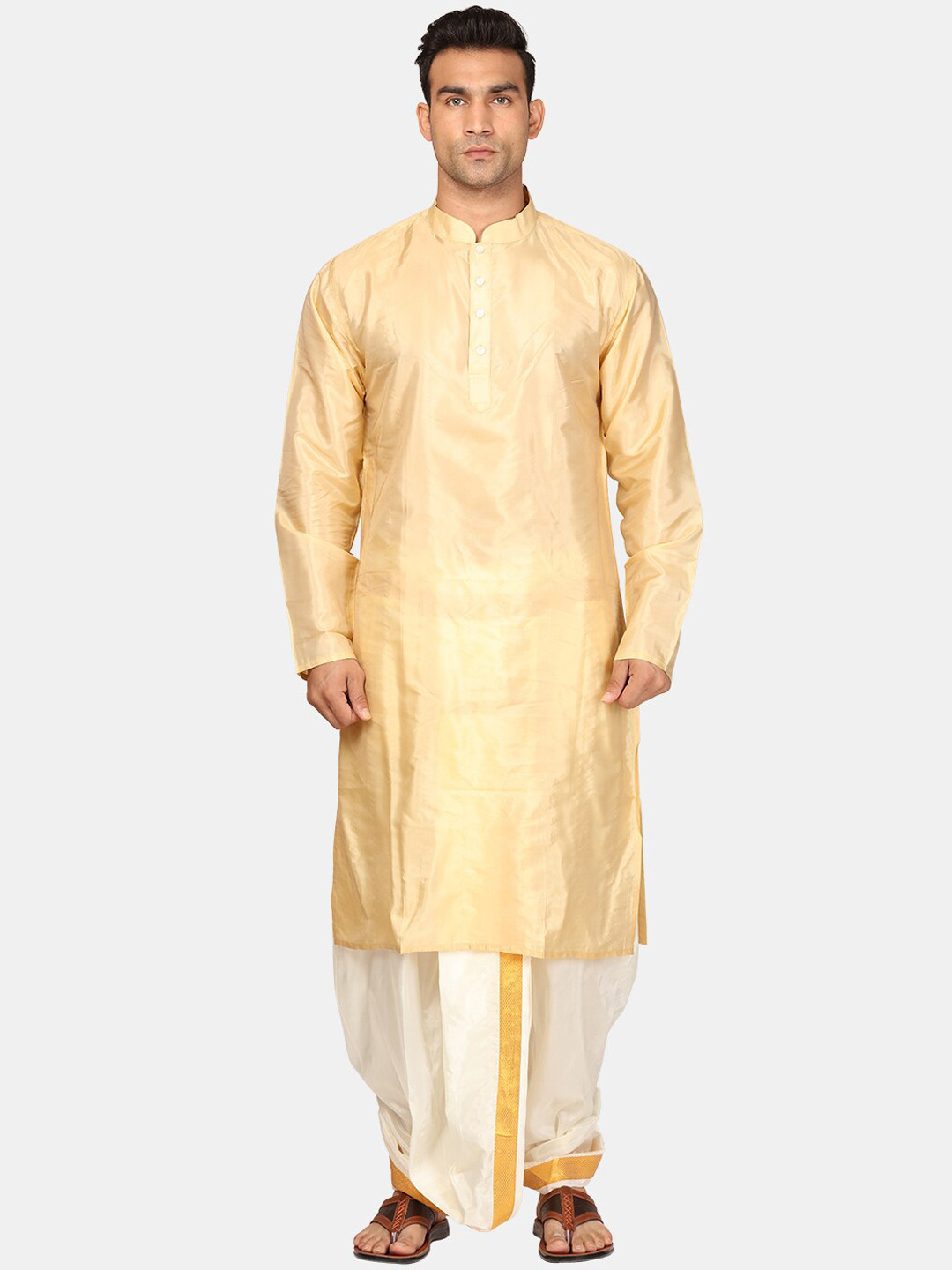 

Sethukrishna Mandarin Collar Zari Straight Kurta with Dhoti Pants, Beige