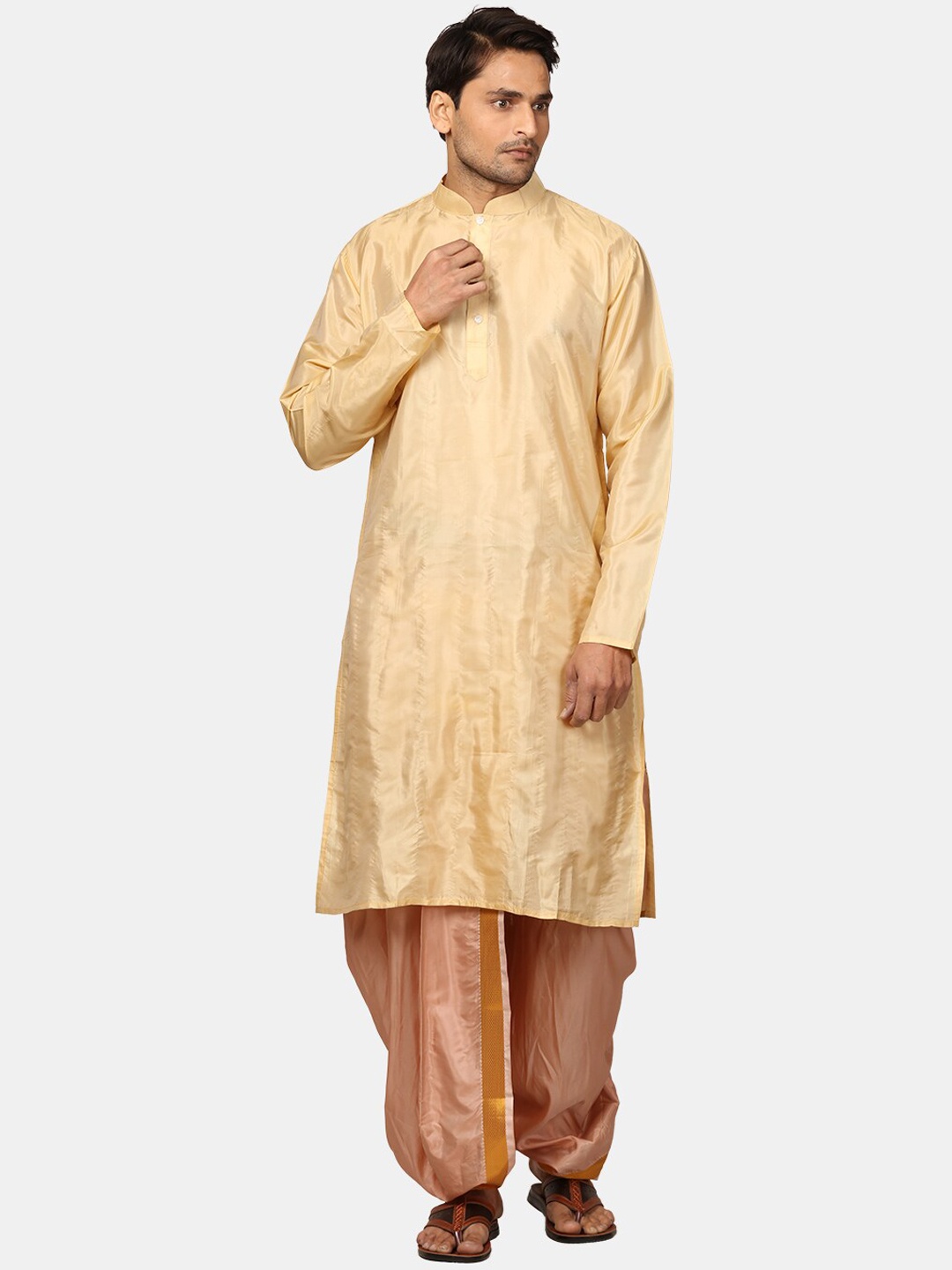 

Sethukrishna Mandarin Collar Straight Zari Kurta with Dhoti Pants & Dupatta, Beige