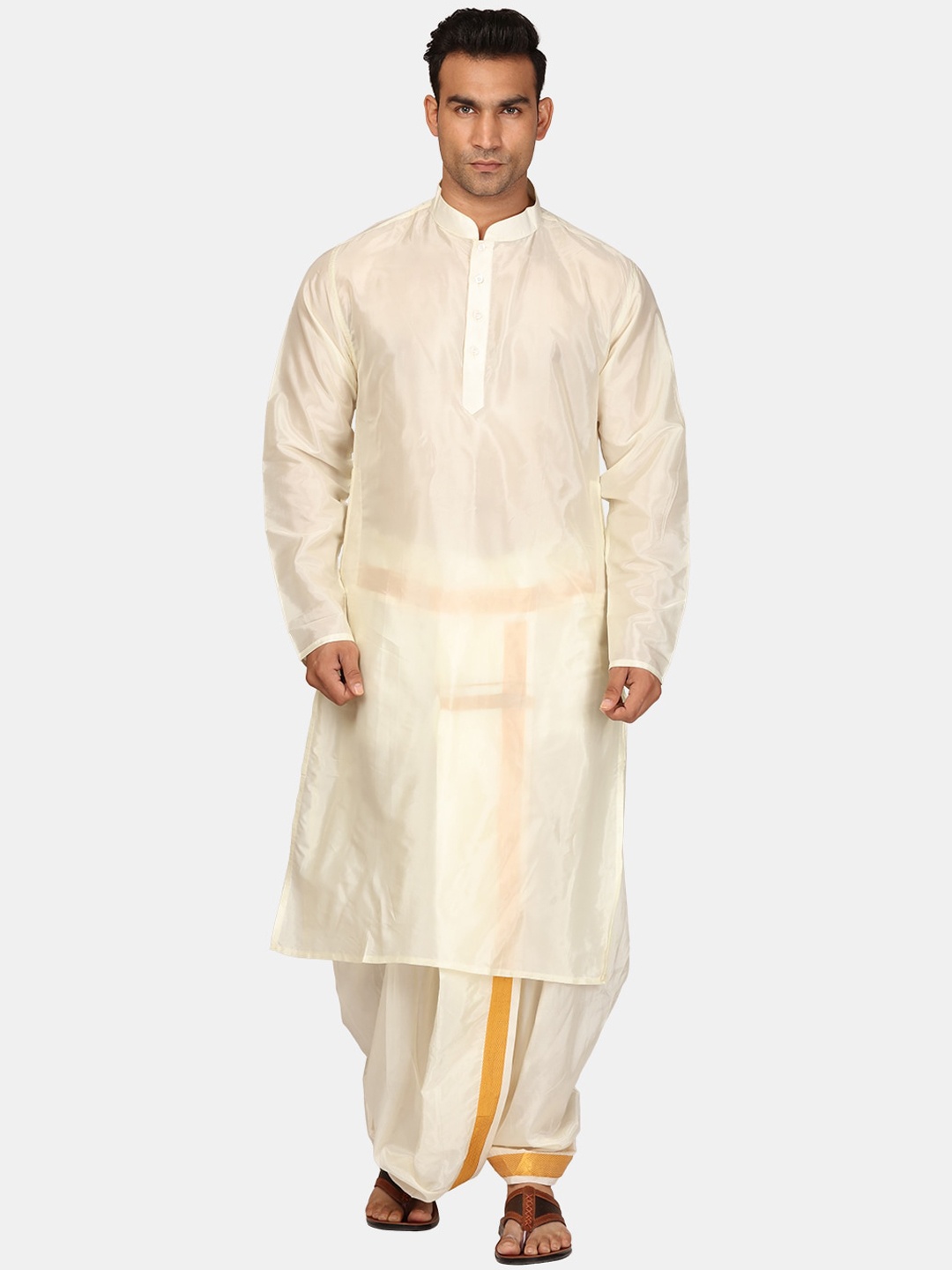 

Sethukrishna Mandarin Collar Zari Straight Kurta with Dhoti Pants, Off white