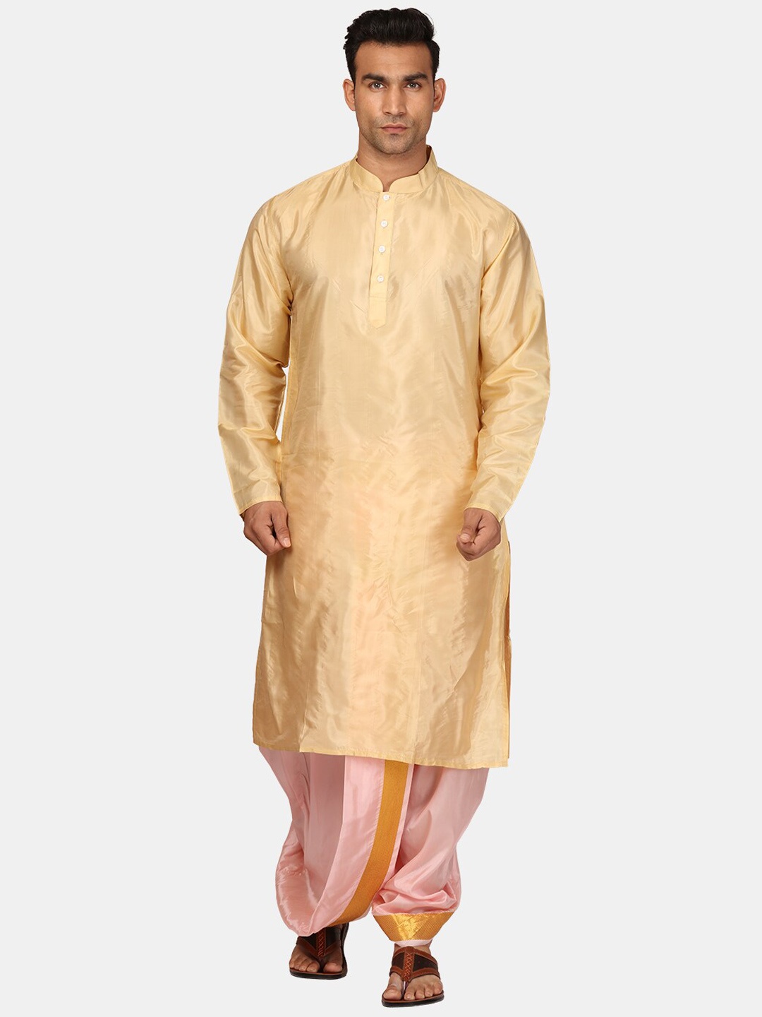

Sethukrishna Mandarin Collar Straight Zari Kurta with Dhoti Pants & Dupatta, Beige