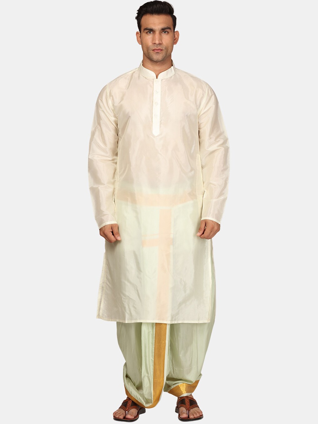 

Sethukrishna Mandarin Collar Zari Straight Kurta with Dhoti Pants, Cream