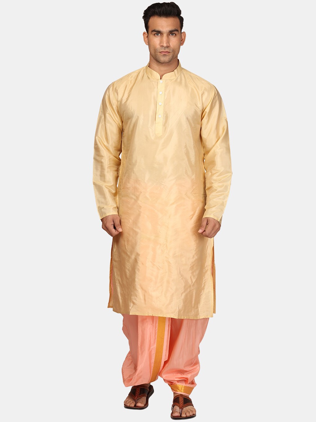 

Sethukrishna Mandarin Collar Zari Straight Kurta with Dhoti Pants, Beige