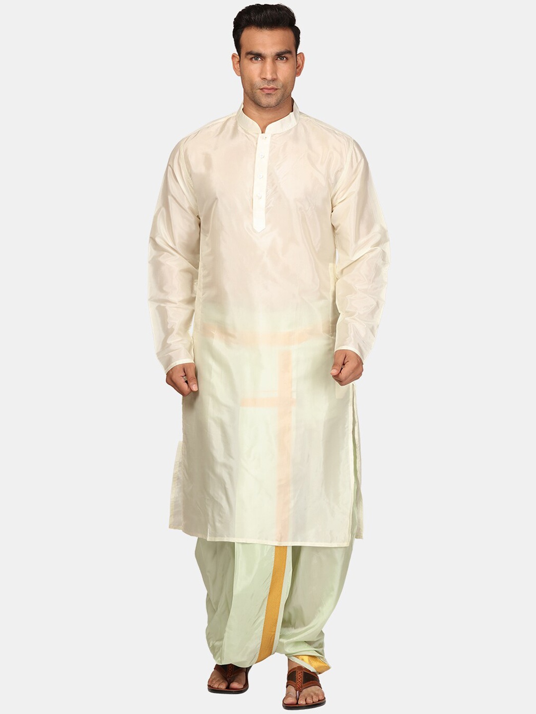 

Sethukrishna Mandarin Collar Zari Straight Kurta with Dhoti Pants, Cream