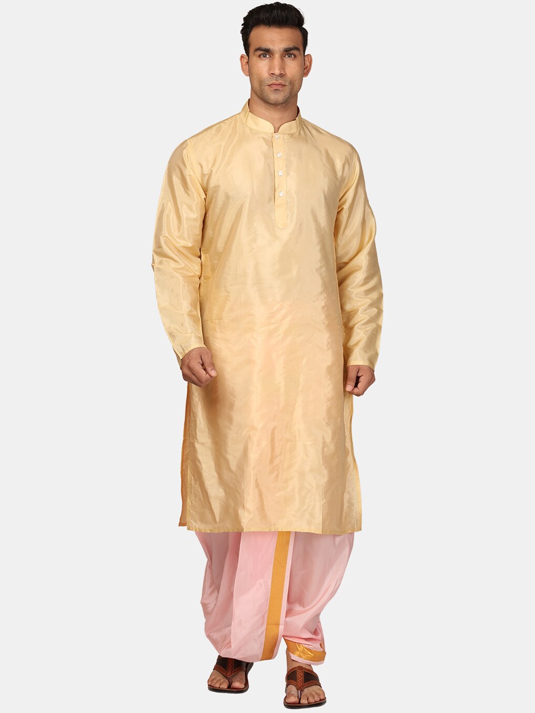 

Sethukrishna Mandarin Collar Straight Zari Kurta with Dhoti Pants & Dupatta, Beige