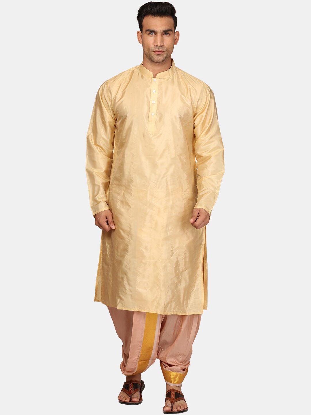 

Sethukrishna Mandarin Collar Zari Straight Kurta with Dhoti Pants, Beige