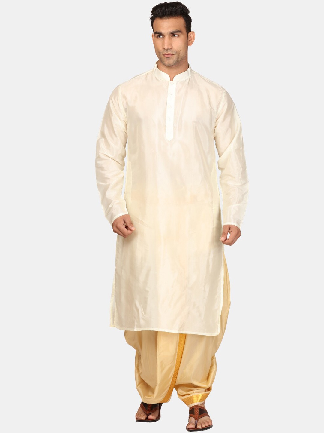 

Sethukrishna Mandarin Collar Zari Straight Kurta with Dhoti Pants, Cream