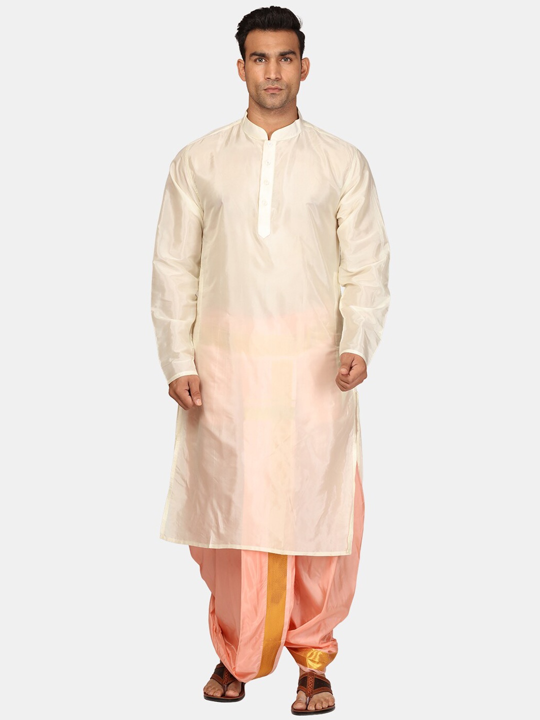 

Sethukrishna Mandarin Collar Zari Straight Kurta with Dhoti Pants, Cream