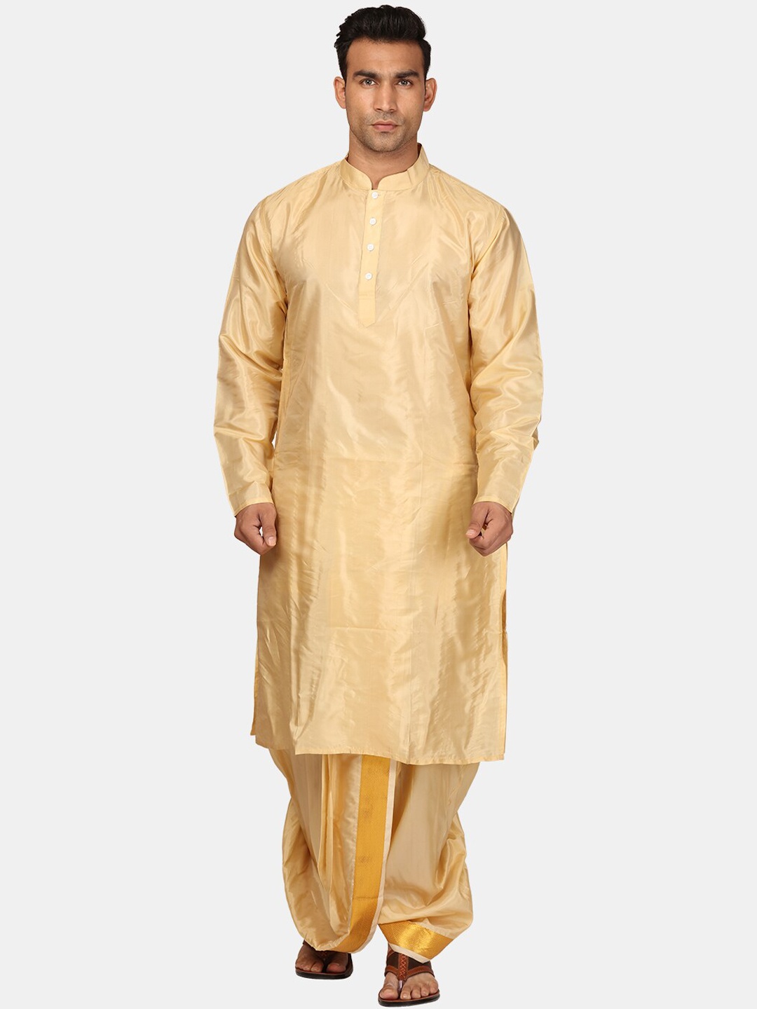 

Sethukrishna Mandarin Collar Straight Zari Kurta with Dhoti Pants & Dupatta, Beige