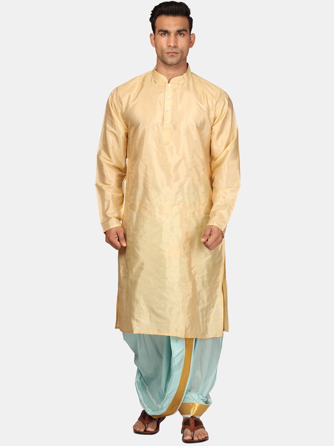 

Sethukrishna Mandarin Collar Straight Zari Kurta with Dhoti Pants & Dupatta, Beige