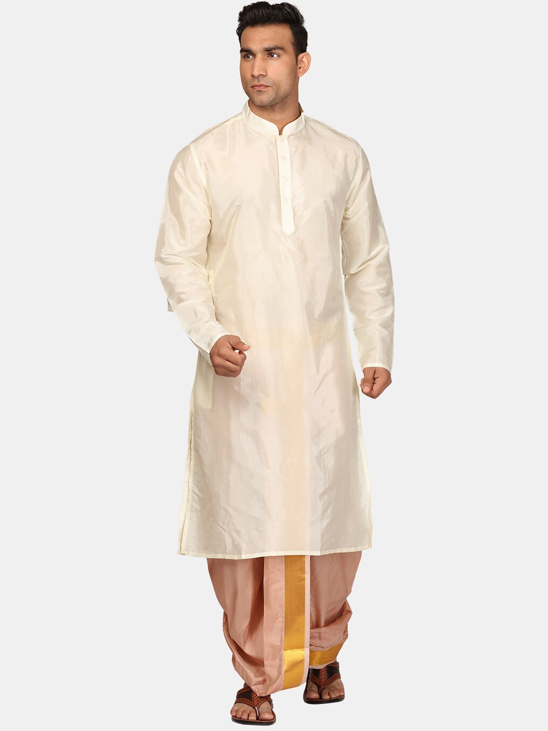 

Sethukrishna Mandarin Collar Straight Zari Kurta with Dhoti Pants & Dupatta, Cream