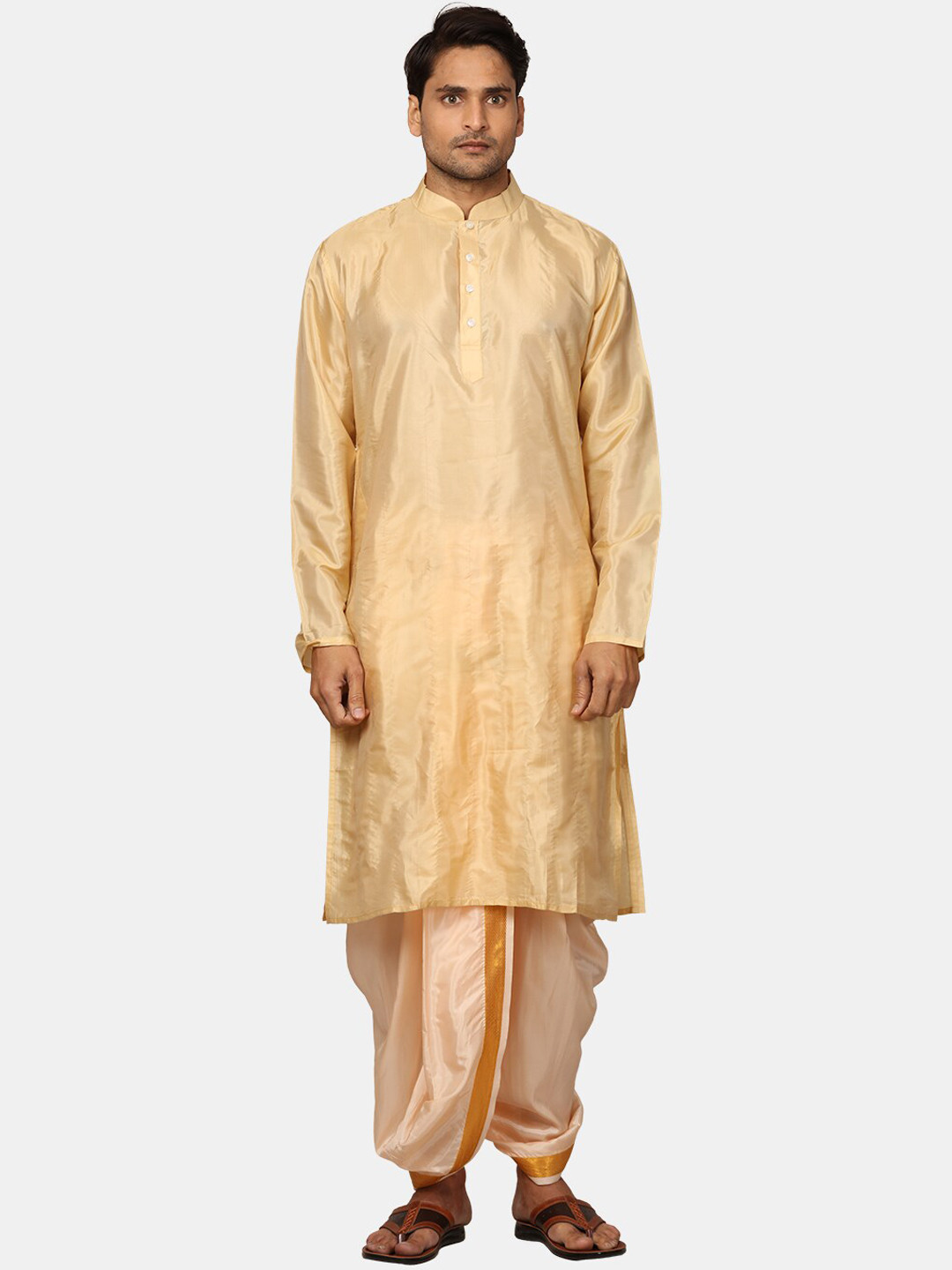 

Sethukrishna Mandarin Collar Kurta With Dhoti Pants, Beige