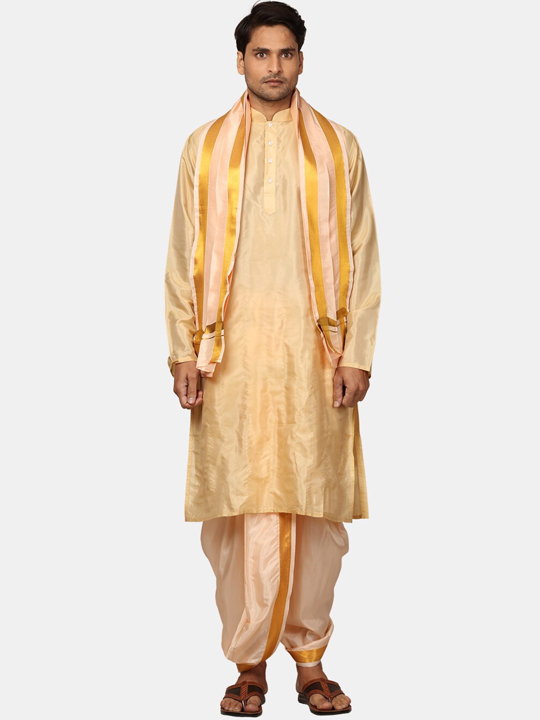 

Sethukrishna Mandarin Collar Kurta With Dhoti Pants With Dupatta, Beige