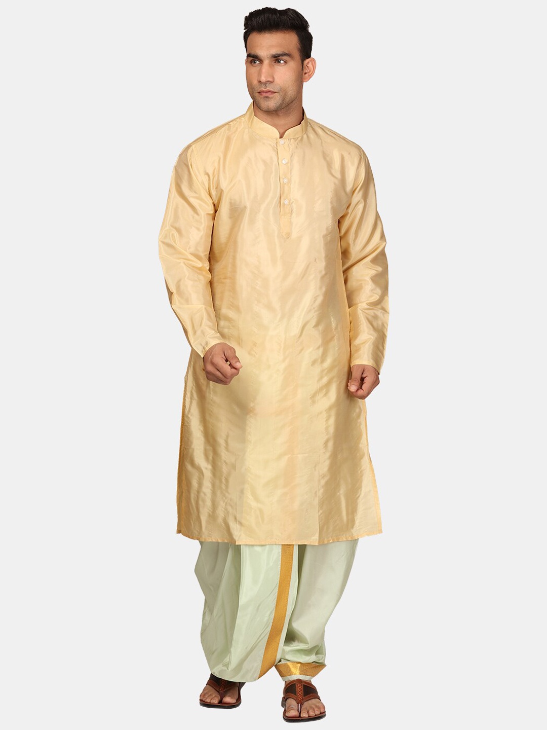 

Sethukrishna Mandarin Collar Kurta With Dhoti Pants, Beige