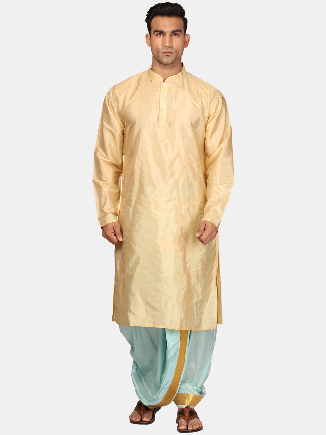 

Sethukrishna Mandarin Collar Kurta With Dhoti Pants, Beige