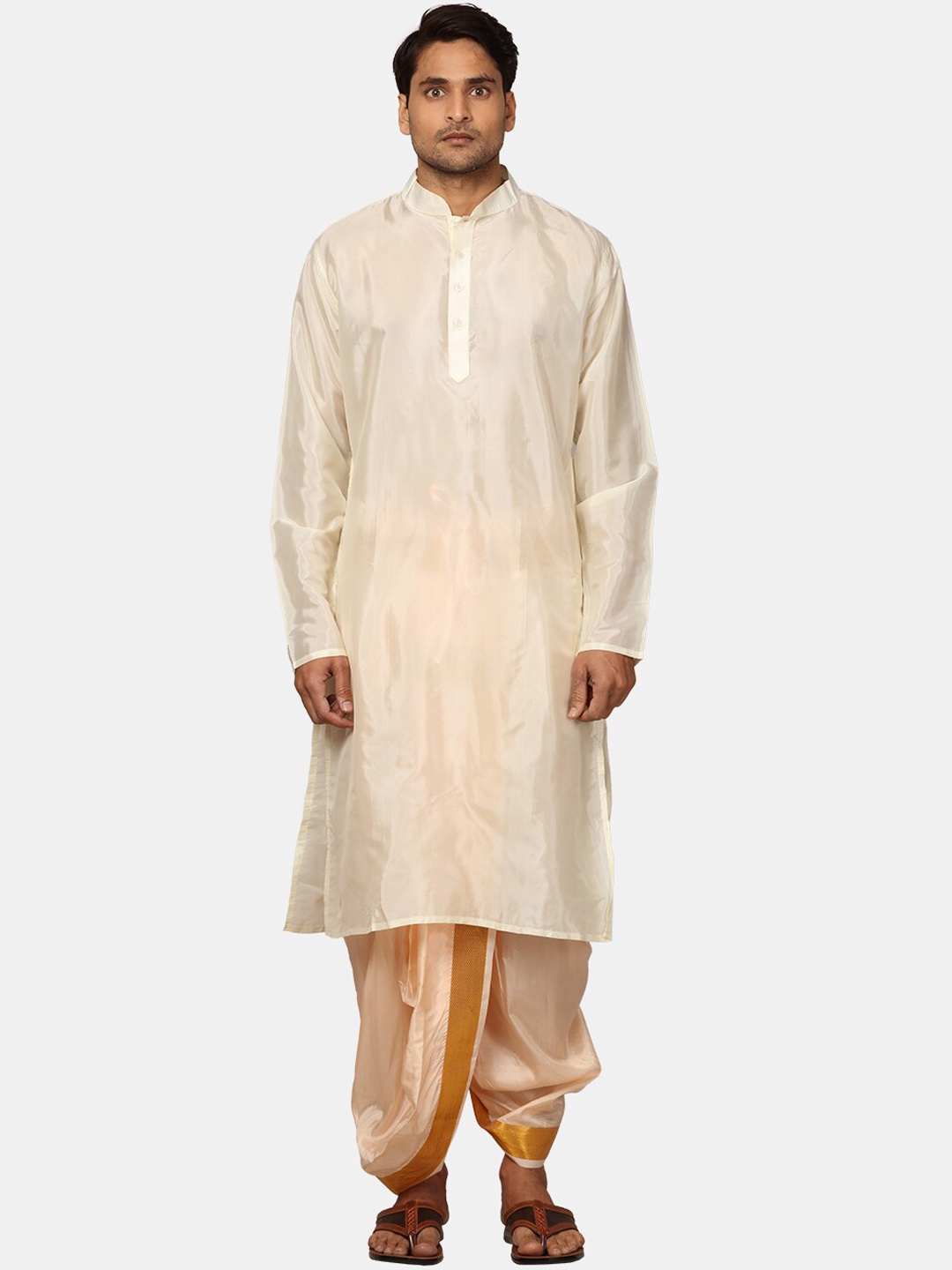 

Sethukrishna Mandarin Collar Kurta With Dhoti Pants, Cream