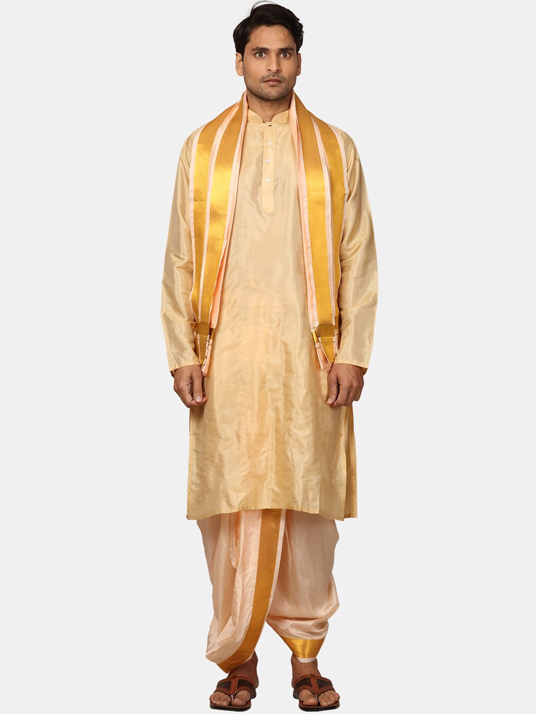 

Sethukrishna Mandarin Collar Kurta With Dhoti Pants, Beige