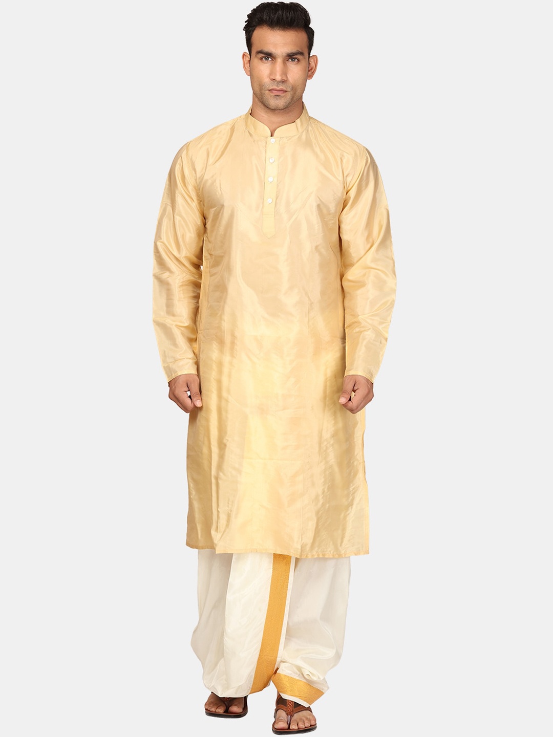 

Sethukrishna Mandarin Collar Kurta With Dhoti Pants, Beige