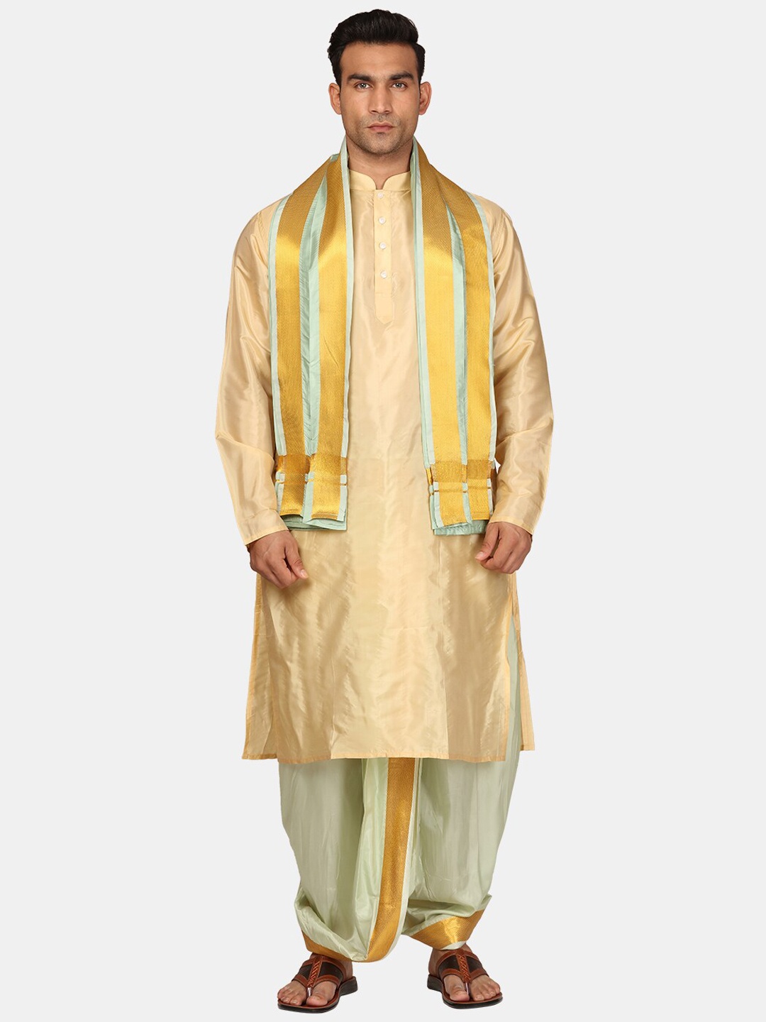 

Sethukrishna Mandarin Collar Kurta With Dhoti Pants & Dupatta, Beige