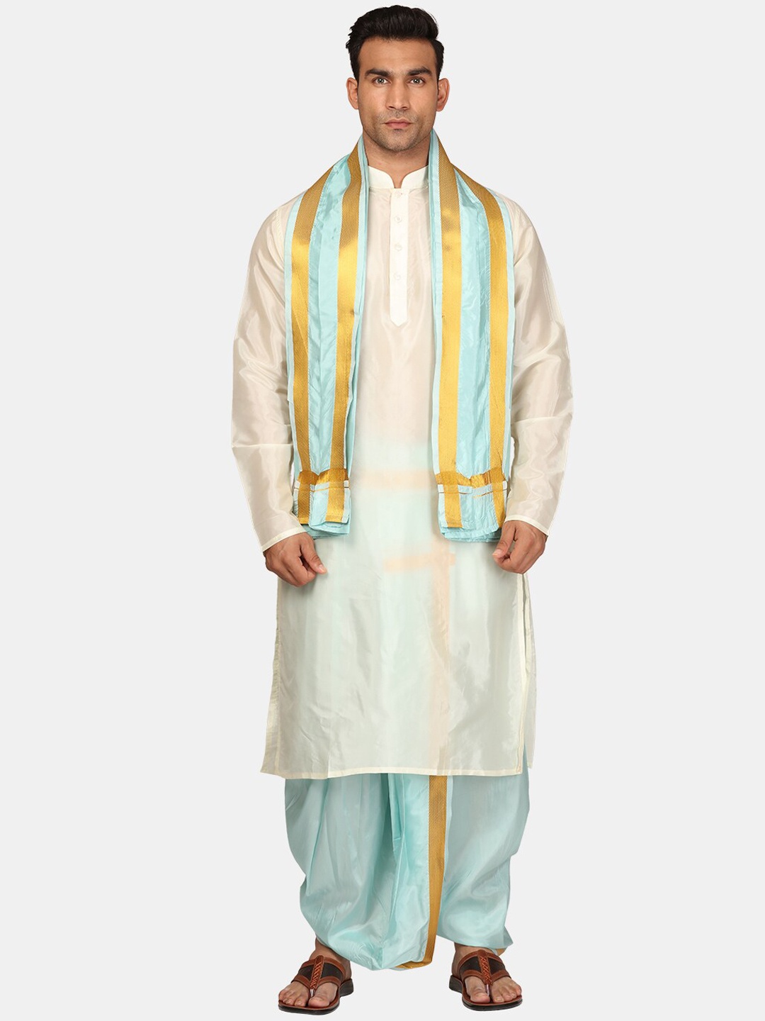 

Sethukrishna Mandarin Collar Kurta With Dhoti Pants & Dupatta, Cream