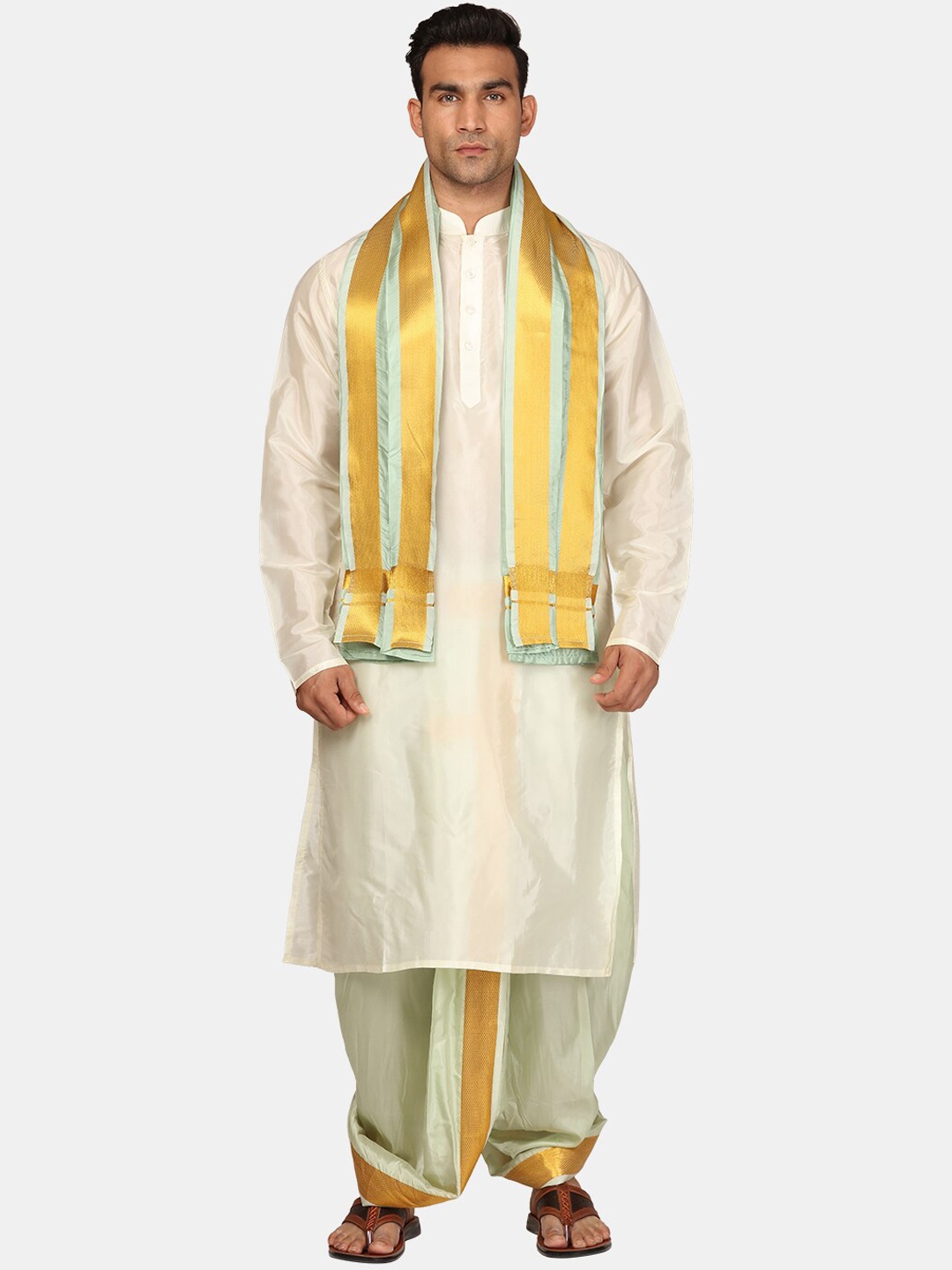 

Sethukrishna Mandarin Collar Kurta With Dhoti Pants & Dupatta, Cream