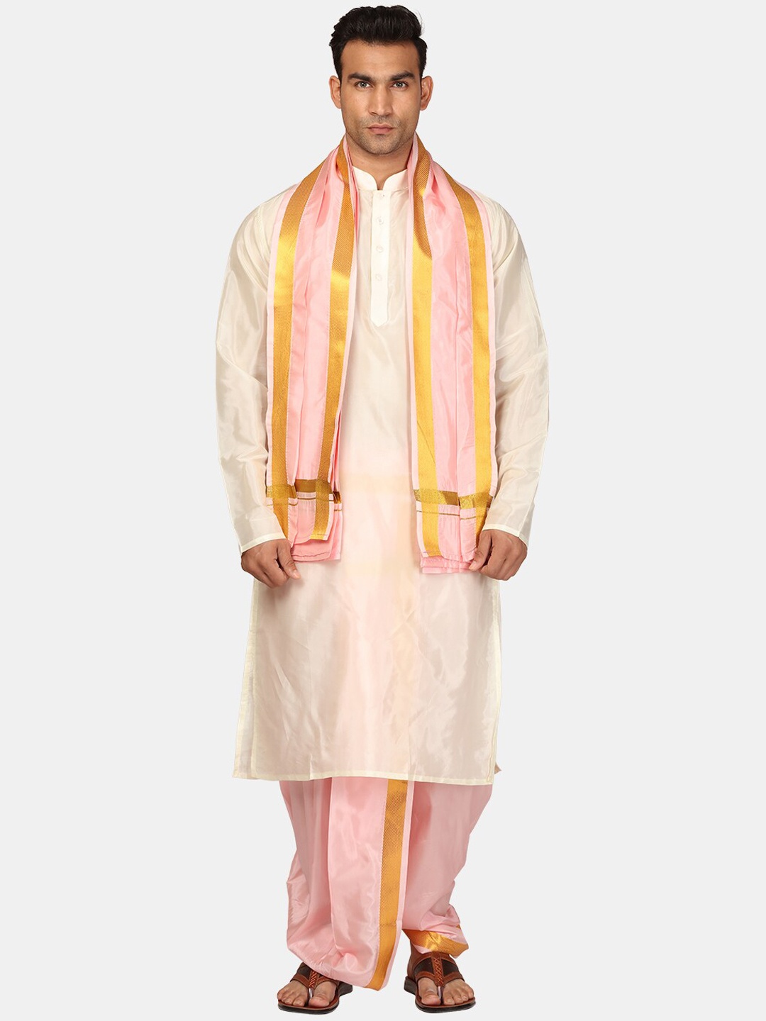 

Sethukrishna Mandarin Collar Kurta With Dhoti Pants & Dupatta, Cream