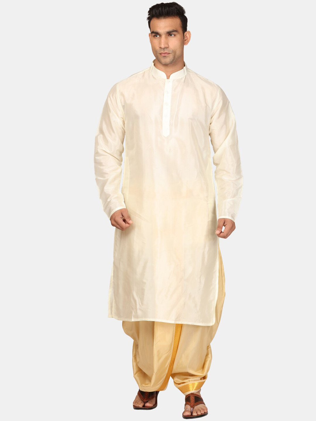 

Sethukrishna Mandarin Collar Kurta With Dhoti Pants, Cream