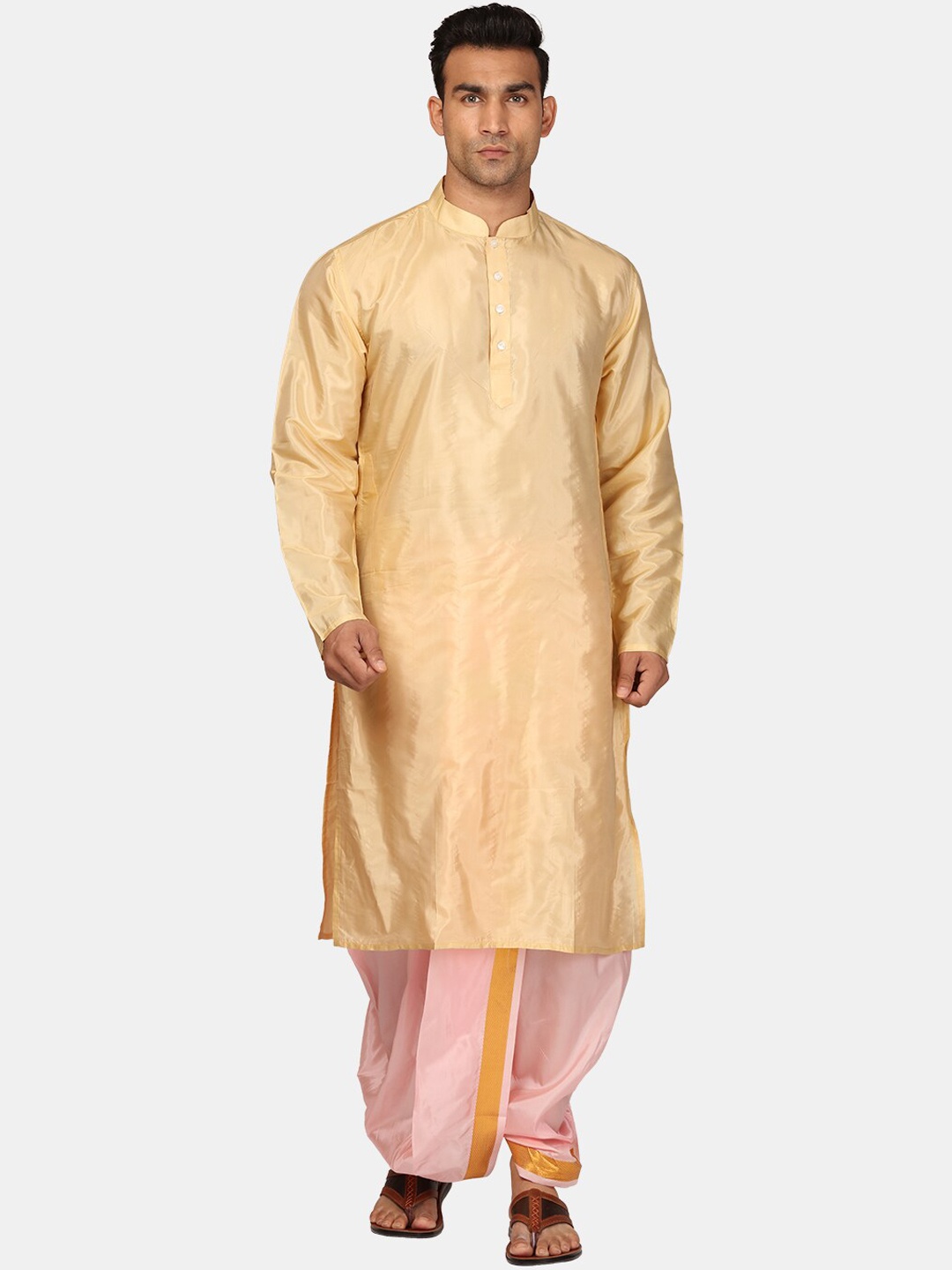 

Sethukrishna Mandarin Collar Kurta With Dhoti Pants, Beige