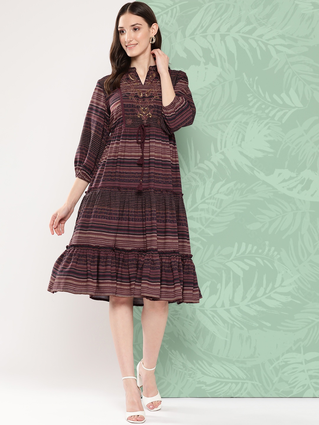 

Nayam By Lakshita Striped Sequinned Puff Sleeves Tiered Ethnic Dress, Brown