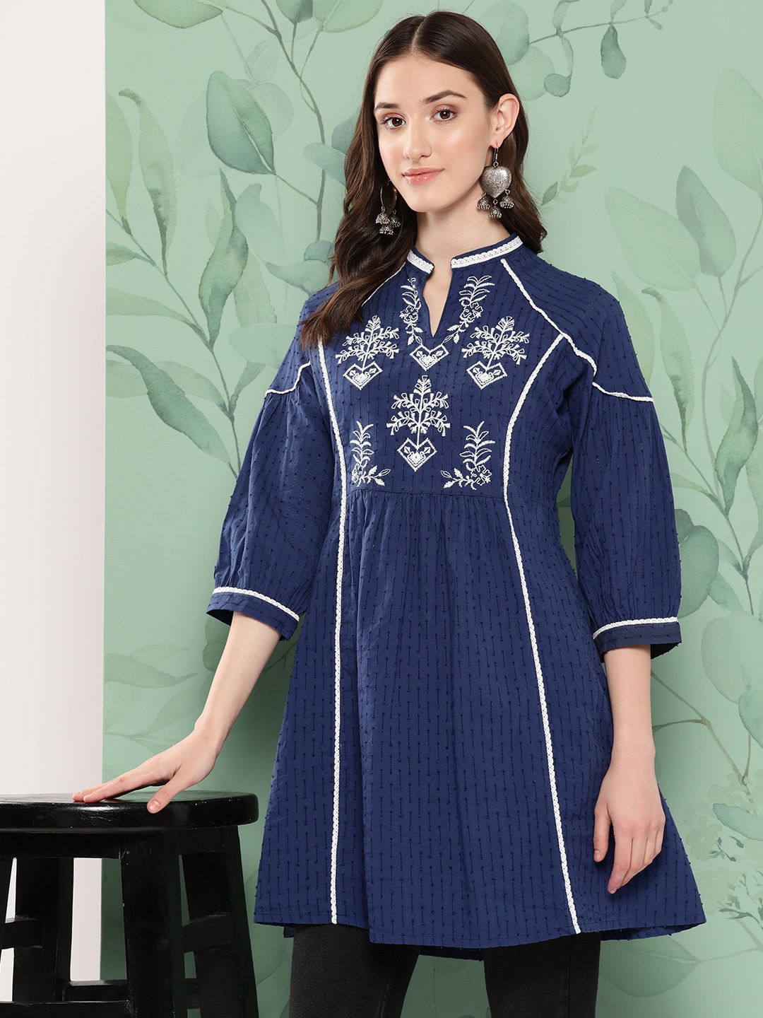 

Nayam By Lakshita Mandarin Collar Mirror Work Tunic, Blue