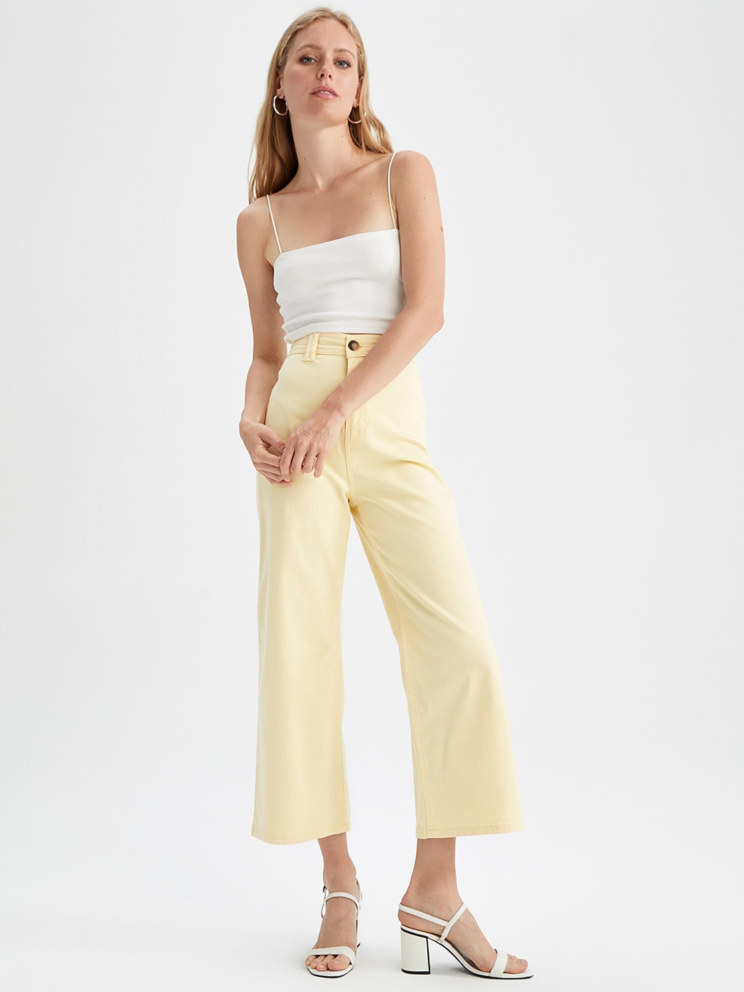 

DeFacto Women Mid Rise Plain Cropped Parallel Trousers, Yellow